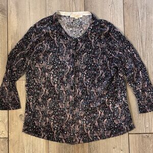 LOFT Black and Pink Feather Print Blouse Womens XL Cardigan